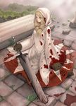  blonde_hair blood final_fantasy final_fantasy_tactics haniwa_(leaf_garden) hood long_hair robe ruins solo sword weapon white_mage white_mage_(fft) 