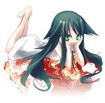  barefoot blush dress feet green_eyes green_hair hanepochi happy lying ribbon saya saya_no_uta smile solo 