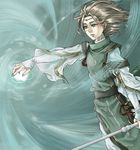  blonde_hair gensou_suikoden gensou_suikoden_i gensou_suikoden_ii green_eyes luc_(suikoden) magic male_focus qoo_(pixiv120340) robe solo staff tabard 