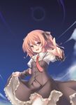  bad_id bad_pixiv_id bow brown_eyes brown_hair day hair_bow necktie open_mouth original outstretched_arm pointing raise_(ryo) reaching ryo short_hair skirt skirt_lift sky solo strap_slip thighhighs white_legwear 