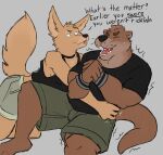 5_fingers anthro anthro_on_anthro black_nose bodily_fluids bottomwear brown_body brown_fur canid canine choker clothed clothed_anthro clothed_female clothed_male clothing dialogue duo echo_(game) echo_(series) echo_project english_text fangs female fingers fox fur hi_res humanoid_hands interspecies jenna_begay jewelry kit_fox larger_male male male/female mammal muscular muscular_anthro muscular_male mustelid necklace otter shirt shorts size_difference smaller_female smile sydney_bronson t-shirt tail tan_body tan_fur tank_top tears teeth text ticking tongue topwear true_fox unsafescapewolf wristband