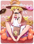  bare_shoulders barefoot blonde_hair blush doughnut dress eating fang food hat kuhotaka long_hair looking_at_viewer monogatari_(series) oshino_shinobu pointy_ears sitting smile solo sun_hat yellow_eyes 