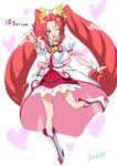  :d alternate_hairstyle artist_name blush boots bow choker cure_ace dokidoki!_precure dress hair_bow heart heart_background joy_ride long_hair madoka_aguri magical_girl one_eye_closed open_mouth pointing precure red_eyes red_hair red_skirt skirt smile solo translation_request twintails 