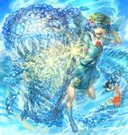  aritoki_ritsu backpack bag blue_eyes blue_hair boots bubble fish hair_bobbles hair_ornament hat highres kawashiro_nitori open_mouth rubber_boots shirt short_sleeves skirt skirt_set solo touhou two_side_up underwater wet wet_clothes 