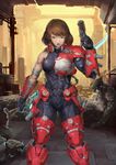  blood bodysuit brown_hair damaged gun highres injury muscle original power_suit robot shamogin short_hair solo sword thick_thighs thighs weapon 