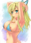  adjusting_hair aqua_eyes armpits arms_behind_head arms_up bangs bikini blonde_hair blue_bikini blush body_writing boku_wa_tomodachi_ga_sukunai breasts butterfly_hair_ornament cleavage covered_nipples gradient gradient_background hair_ornament high_ponytail highres kashiwazaki_sena large_breasts long_hair looking_at_viewer mouth_hold navel ponytail rokko shiny shiny_skin sideboob solo string_bikini swimsuit underboob untied untied_bikini upper_body 