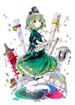  absurdres asawa_ei bangs bell blunt_bangs chain column dress floating ghost_tail green_dress green_eyes green_hair hat highres looking_at_viewer ofuda outstretched_arm pillar simple_background smile soga_no_tojiko solo spread_fingers tate_eboshi touhou urn white_background 