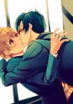  blonde_hair blue_hair blush closed_eyes free! glasses hazuki_nagisa hug kiss kitazawa_k male_focus multiple_boys red_eyes ryuugazaki_rei school_uniform surprise_kiss surprised sweat yaoi 