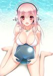  ayase_hazuki ball barefoot beachball bikini blush breasts cleavage headphones jewelry large_breasts long_hair looking_at_viewer navel necklace nitroplus open_mouth pendant pink_eyes pink_hair see-through sitting smile solo super_sonico swimsuit transparent wariza white_bikini 