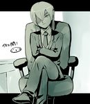  character_name crossed_arms crossed_legs eyepatch formal inazuma_eleven_(series) inazuma_eleven_go letterboxed long_hair male_focus mizuhara_aki monochrome necktie older outside_border sakuma_jirou sitting solo spot_color suit 