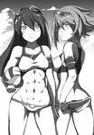  abs adjusting_clothes adjusting_swimsuit armband blush character_name cloud cloudy_sky copyright_request eyewear_on_head greyscale kuronyan long_hair looking_at_viewer monochrome multiple_girls navel open_mouth sky standing sunglasses swimsuit 