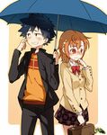  1girl black_eyes black_hair blush brown_eyes brown_hair gekota hair_ornament hairpin highres holding holding_umbrella kamijou_touma luo. misaka_mikoto school_uniform shared_umbrella skirt spiked_hair to_aru_kagaku_no_railgun to_aru_majutsu_no_index umbrella 