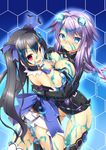  ass black_hair blue_eyes blush bodysuit braid breast_press breasts cleavage cleavage_cutout hair_ornament highres large_breasts long_hair looking_at_viewer multiple_girls neptune_(series) noire panties purple_hair purple_heart red_eyes sexually_suggestive slime symbol-shaped_pupils symmetrical_docking tears thighhighs tokyo_yamane twin_braids twintails underwear 