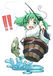  1girl bad_id bad_pixiv_id bucket fish fishing fishing_rod green_eyes green_hair hair_bobbles hair_ornament in_bucket in_container japanese_clothes kimono kisume open_mouth simple_background smile solo teko touhou twintails white_background wooden_bucket yukata 
