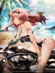  1girl bad_id bad_pixiv_id beach bracelet breasts cleavage cloud day eyewear_on_head furyou_michi_~gang_road~ ground_vehicle highres hong jewelry long_hair looking_at_viewer medium_breasts motor_vehicle motorcycle necklace o-ring o-ring_bottom ocean outdoors palm_tree red_eyes red_hair shiny shiny_skin sky smile solo_focus sunglasses swimsuit tattoo tree wagatsuma_sakine water 