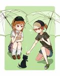  alternate_hairstyle baseball_cap brown_eyes brown_hair casual cat hat head_mounted_display highres luo. misaka_imouto misaka_mikoto multiple_girls ponytail school_uniform shorts skirt to_aru_kagaku_no_railgun to_aru_majutsu_no_index transparent transparent_umbrella umbrella 