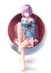  ball_chair bare_legs barefoot chair feet_on_chair highres komeiji_satori leg_up lemoo long_sleeves one_eye_closed pink_skirt purple_eyes purple_hair shirt sitting skirt solo third_eye touhou 