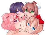  1boy 4girls blue_eyes bow collarbone commission doki_doki_literature_club eyebrows_visible_through_hair fellatio green_eyes hair_intakes hair_ornament hairbow licking looking_to_the_side monika_(doki_doki_literature_club) multiple_girls natsuki_(doki_doki_literature_club) open_mouth oral penis pink_eyes pink_hair pov_eye_contact profile purple_eyes purple_hair red_bow sayori_(doki_doki_literature_club) shiny shiny_skin simple_background sucking_testicles tahou teamwork testicles tongue tongue_out uncensored upper_teeth veins veiny_penis white_background white_bow yuri_(doki_doki_literature_club) 