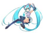  aqua_eyes aqua_hair armpits arms_up boots demmy detached_sleeves hatsune_miku long_hair necktie panties pantyshot see-through simple_background skirt smile solo striped striped_panties thigh_boots thighhighs twintails underwear very_long_hair vocaloid white_background 