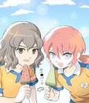  armband blue_eyes brown_eyes brown_hair food inazuma_eleven_(series) inazuma_eleven_go kirino_ranmaru lightning_bolt male_focus mizuhara_aki multiple_boys open_mouth pink_hair popsicle raimon raimon_soccer_uniform shindou_takuto soccer_uniform sportswear twintails upper_body watermelon_bar 