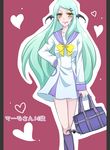  alternate_costume arm_behind_back bag bat_wings blush crossed_legs dokidoki!_precure green_hair hair_ornament hairclip head_wings heart highres kiraki licking_lips long_hair mamo_(dokidoki!_precure) oogai_daiichi_middle_school_uniform precure school_bag school_uniform simple_background solo standing tongue tongue_out wings yellow_eyes younger 