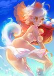  animal_ears bad_id bad_pixiv_id hat inubashiri_momiji looking_back nude open_mouth red_eyes skirt skirt_removed solo tail tokin_hat tomomo touhou towel water white_hair wolf_ears wolf_tail 