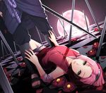  1girl checkered checkered_floor crack flower forehead_protector full_moon green_eyes haruno_sakura looking_at_viewer lying meiko_(puua) moon naruto naruto_(series) on_back petals pink_hair planted_sword planted_weapon short_hair signature sleeveless sword tears toes uchiha_sasuke weapon 