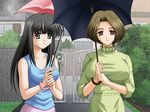  2girls black_hair game_cg green_eyes hitomi_my_stepsister maejima_chihiro maejima_hitomi milf multiple_girls rain umbrella 