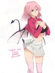  1girl black_bra bra breasts cleavage demon_tail eyebrows_visible_through_hair floating_hair hair_between_eyes jacket long_hair long_sleeves looking_at_viewer medium_breasts midriff miniskirt navel open_clothes open_jacket original pink_eyes pink_hair pink_legwear pleated_skirt red_jacket saruno_(eyesonly712) shiny shiny_hair simple_background skirt solo standing stomach tail thighhighs underwear white_background white_skirt wings zettai_ryouiki 