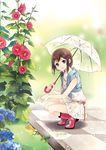  blue_eyes boots brown_hair checkered checkered_floor copyright_request dress flower hair_ornament hairpin headphones hibiscus hollyhock hydrangea mca_(dessert_candy) short_hair smile solo squatting transparent transparent_umbrella umbrella 