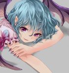  bat_wings blue_hair bow fang fingernails lying mattie nail_polish no_hat no_headwear on_stomach pointy_ears purple_eyes remilia_scarlet sharp_fingernails smile solo touhou upper_body wings 