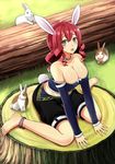  :d animal_ears anklet bad_id bad_pixiv_id bare_shoulders barefoot blush breasts bunny bunny_ears bunny_tail choker cleavage detached_sleeves drill_hair feet grass green_eyes jewelry kuhotaka large_breasts log long_hair looking_at_viewer midriff open_mouth original red_hair shorts sitting smile solo tail tree_stump wariza 