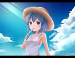  alternate_costume bare_arms blue_eyes blue_hair blue_sky cirno cloud collarbone day food hat ice ice_cream ice_wings k-sk_style lens_flare letterboxed looking_at_viewer popsicle shirt sky sleeveless sleeveless_shirt solo straw_hat touhou upper_body wings 