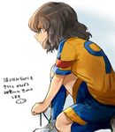  armband brown_eyes brown_hair inazuma_eleven_(series) inazuma_eleven_go lightning_bolt male_focus mizuhara_aki profile raimon raimon_soccer_uniform shindou_takuto shoes soccer_uniform solo sportswear translation_request tying_shoes 