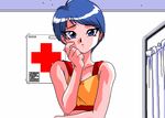  1girl 90s aliasing animahjong animahjong_x animated animated_gif bare_shoulders blue_eyes blue_hair blush bouncing_breasts breasts game indoors looking_at_viewer lowres nipples oldschool oomiya_etsuko red_cross short_hair smile solo sports_bra undressing 