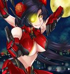  black_hair breasts bun_cover cityscape crimson_typhoon dos_(james30226) double_bun extra_arms eyepatch fighting_stance full_moon glowing glowing_eye large_breasts long_hair mecha_musume mechanical_arms midriff moon navel pacific_rim personification robot_joints smile solo underboob yellow_eyes yellow_moon 
