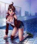  :o asahina_aoi blue_eyes breasts brown_hair cleavage collarbone covered_nipples danganronpa danganronpa_1 dark_skin hair_ornament hairclip highres jacket knee_pads kneeling large_breasts monorus nipples no_bra open_clothes open_jacket ponytail pool poolside see-through shiny shiny_skin shirt shoes shorts sneakers socks solo taut_clothes taut_shirt track_jacket wet wet_clothes 