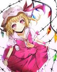  ascot bad_id bad_pixiv_id barbed_wire blonde_hair blush flandre_scarlet hat hat_ribbon highres mob_cap red_eyes ribbon short_hair side_ponytail skirt skirt_set smile solo touhou velia wings 