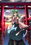  araissu bare_shoulders blue_eyes detached_sleeves gohei green_hair hair_tubes kochiya_sanae long_hair solo standing standing_on_liquid sunset torii touhou 