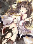  ahoge blush boots breasts brown_eyes brown_hair cleavage detached_sleeves hairband hi-ho- japanese_clothes kantai_collection kongou_(kantai_collection) large_breasts long_hair looking_at_viewer navel nontraditional_miko open_mouth panties side-tie_panties solo tears thigh_boots thighhighs torn_clothes torn_legwear underwear wide_sleeves 