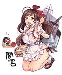  :d ahoge akagi_(kantai_collection) apron bikini blush bow bowl breasts brown_hair hair_bow hair_ornament hair_ribbon hairclip kantai_collection large_breasts long_hair looking_at_viewer mamiya_(kantai_collection) multiple_girls nearly_naked_apron nekomata_naomi ohitsu open_mouth red_bikini red_eyes ribbon rice rice_bowl rice_spoon sandals side-tie_bikini smile swimsuit tabi white_legwear 