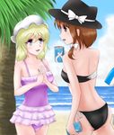  alternate_costume ass beach bikini blonde_hair blue_eyes blue_sky bow breasts brown_eyes brown_hair can cleavage cloud day hair_bow hands_clasped hands_together hat hat_ribbon looking_at_another looking_away maribel_hearn medium_breasts mob_cap multiple_girls one-piece_swimsuit outdoors own_hands_together palm_tree parted_lips ribbon short_hair side-tie_bikini sky swimsuit tamafuru touhou tree umbrella usami_renko 