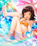  ball barefoot beachball bikini brown_hair ensemble_girls! ensemble_girls_(artist) feet green_eyes hair_ornament hairclip hairpin leg_lift legs ocean official_art one_eye_closed partially_submerged rainbow sasame_hiyono short_hair side-tie_bikini sitting soles solo sweatdrop swimsuit toes umbrella water water_drop watermark wavy_mouth 