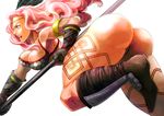 amazon_(dragon's_crown) armlet ass bare_shoulders boots breasts cleavage dragon's_crown feathers gloves large_breasts long_hair mizuki_apple pink_hair polearm purple_eyes simple_background solo tattoo thick_thighs thighs weapon white_background 