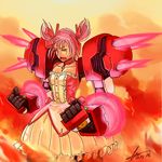  breasts bubble_skirt choker dated gundam gundam_age gundam_age-1 gundam_age-1_titus hair_ribbon kaname_madoka kwaejina magical_girl mahou_shoujo_madoka_magica mechanical_arms mechanization oversized_forearms oversized_limbs pink_hair ribbon short_hair short_twintails signature skirt small_breasts solo soul_gem tears twintails 