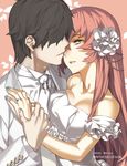  1boy 1girl 92m bare_shoulders breast_press breasts bride cleavage commentary_request couple dress face-to-face formal grey_eyes hair_ornament hetero hug jewelry long_hair medium_breasts megurine_luka nail_polish photoshop_(medium) pink_hair ring smile very_long_hair vocaloid wedding wedding_dress wedding_ring 