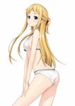  ass bad_id bad_pixiv_id bikini blonde_hair blue_eyes couzone highres long_hair original ponytail simple_background smile solo swimsuit 