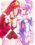  blush boots choker closed_eyes cure_ace cure_sword dokidoki!_precure hair_ornament heart highres holding_hands kenzaki_makoto kiraki long_hair madoka_aguri multiple_girls polka_dot polka_dot_background ponytail precure purple_choker purple_eyes purple_hair purple_skirt red_hair red_skirt skirt smile spade_hair_ornament thigh_boots thighhighs 