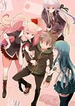  3girls aqua_eyes aqua_hair aqua_legwear arm_hug black_ribbon boots braid brown_hair buttons commentary danganronpa danganronpa_1 enoshima_junko green_eyes hair_ornament hair_ribbon hairclip harem highres hood hoodie ikusaba_mukuro jacket kirigiri_kyouko knee_boots lavender_eyes lavender_hair long_hair maizono_sayaka multiple_girls naegi_makoto necktie nogaki_suzume pink_hair plaid plaid_skirt pleated_skirt polka_dot_neckwear ribbon ruler school_uniform shoes single_braid skirt sleeves_rolled_up sneakers tag twintails zipper 