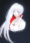 2013 artist_name black_background blue_eyes dated dy_(372127010) earrings hair_ornament jewelry long_hair necklace ponytail rwby scar side_ponytail signature solo upper_body weiss_schnee white_hair 